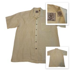 Panama Jack Mens Beige Linen Style Tropical Hawaiian Resort Button Up Camp Shirt